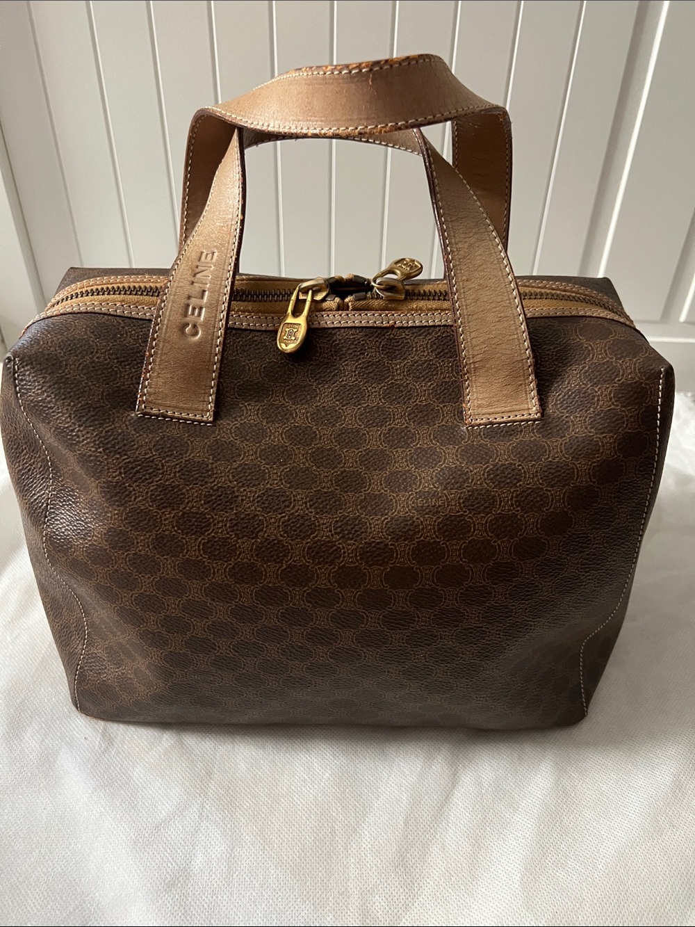 Celine Brown Monogram Canvas Top-Handle with Tan Leather Trim Vintage